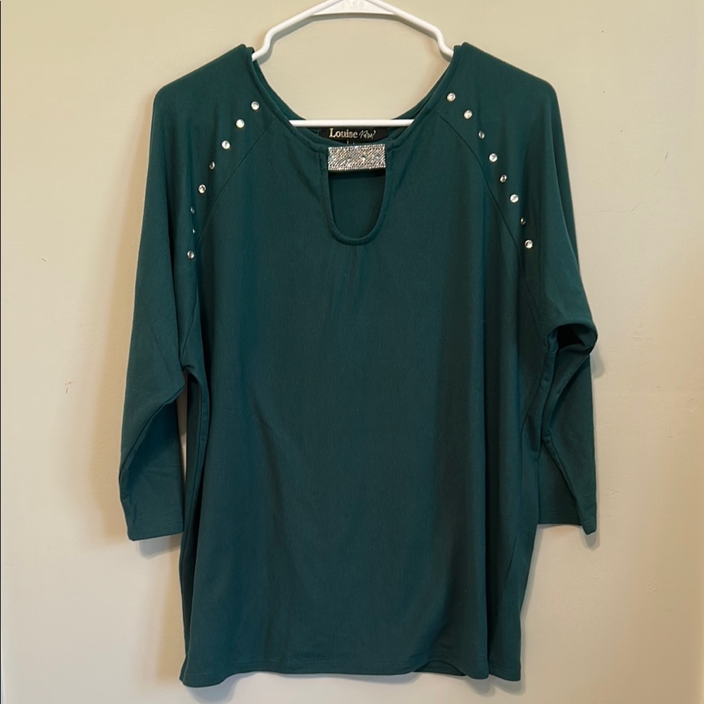 Louise Paris Brand Green Relaxed Pullover Sweater with Embellished Scoop Neck